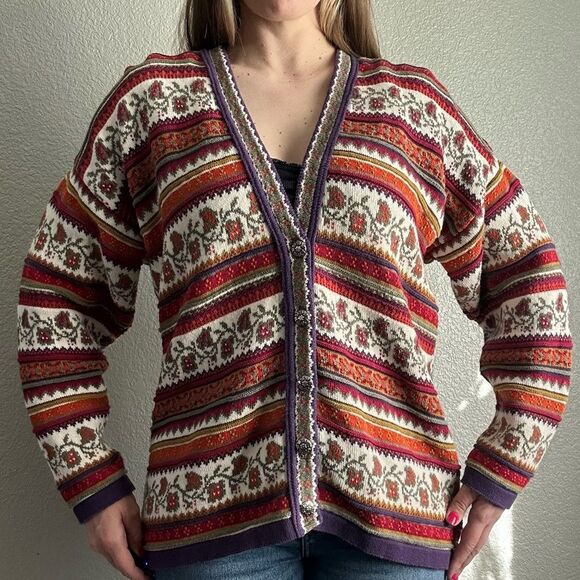Delia McKain Sweaters - Vtg Colorful Floral Striped Knit Cardigan Sweater Button Up VNeck Oversize Small